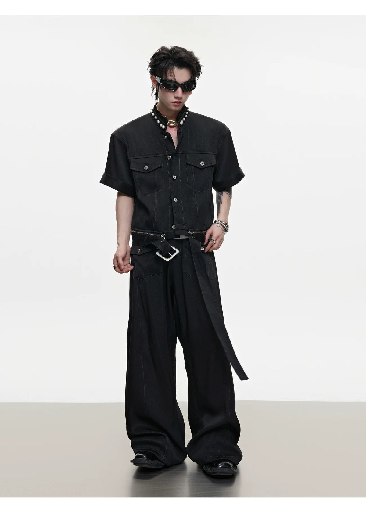 Pearl-Trimmed Distressed Denim Separates | Short Sleeve - description image 5
