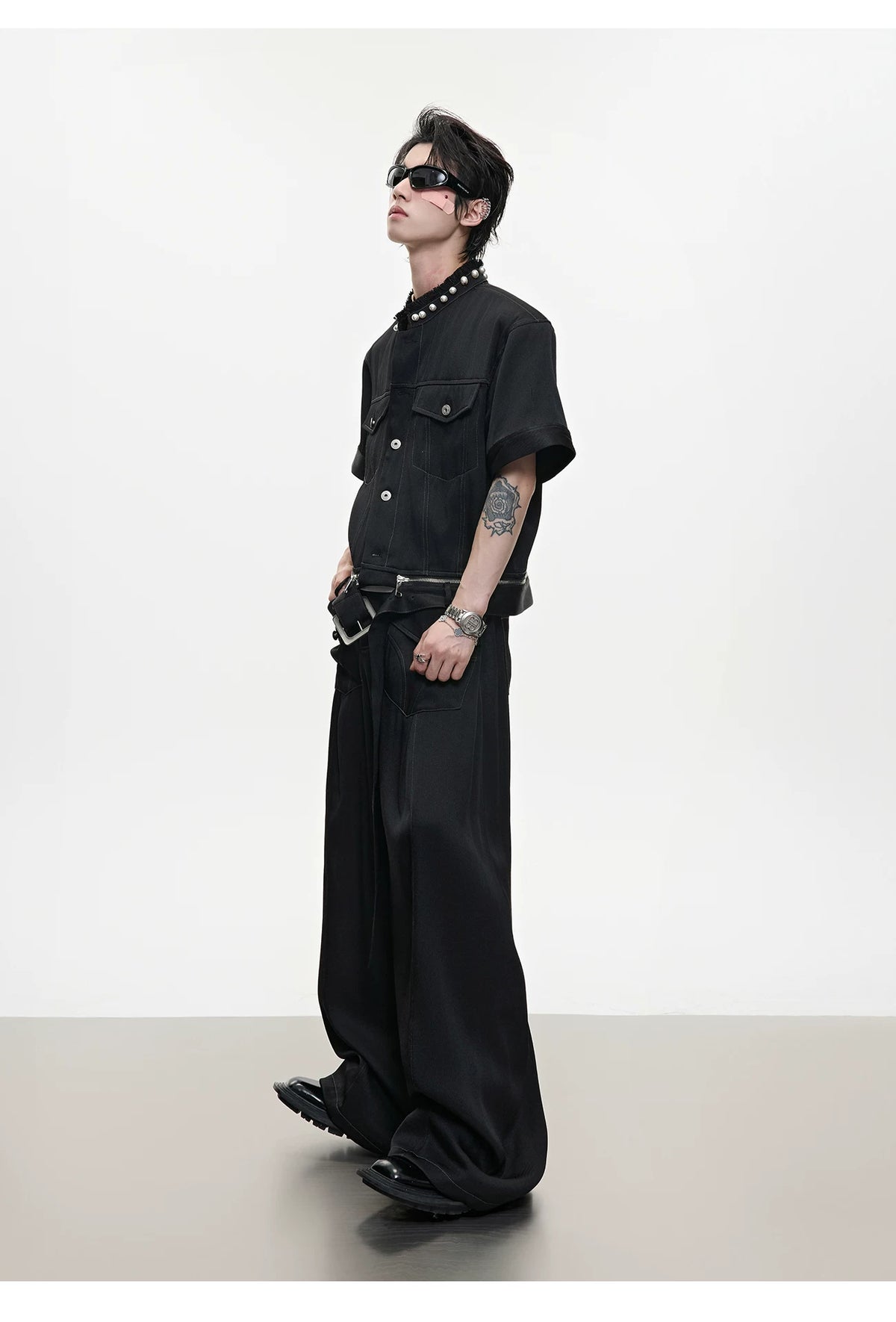 Pearl-Trimmed Distressed Denim Separates | Short Sleeve - description image 6