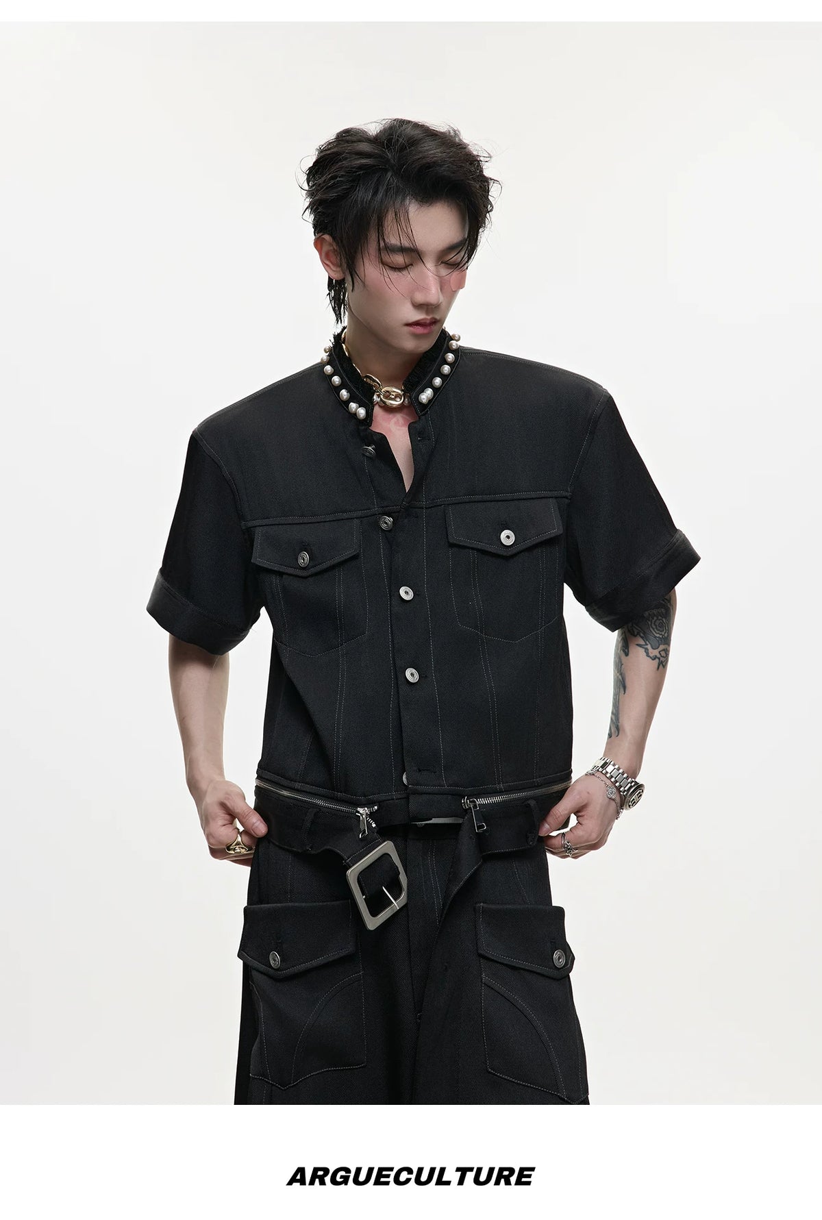 Pearl-Trimmed Distressed Denim Separates | Short Sleeve - description image 9