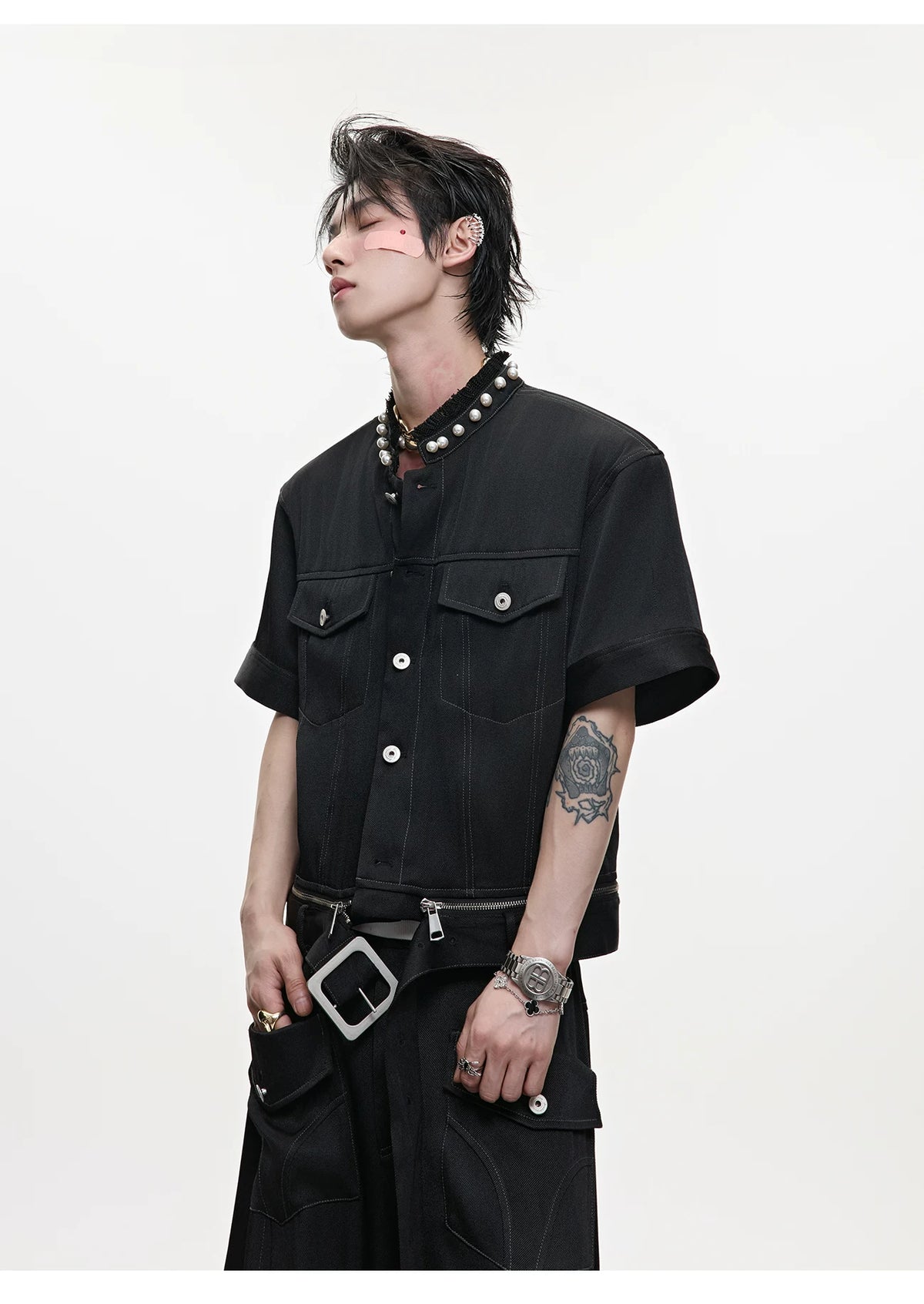 Pearl-Trimmed Distressed Denim Separates | Short Sleeve - description image 10