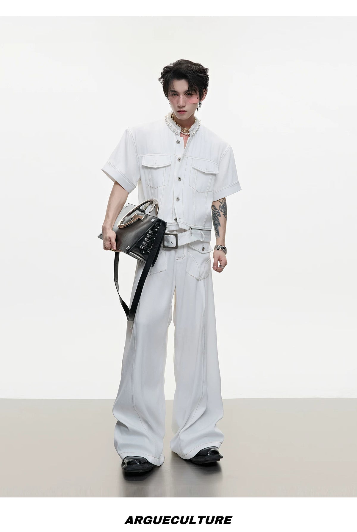 Pearl-Trimmed Distressed Denim Separates | Short Sleeve - description image 12