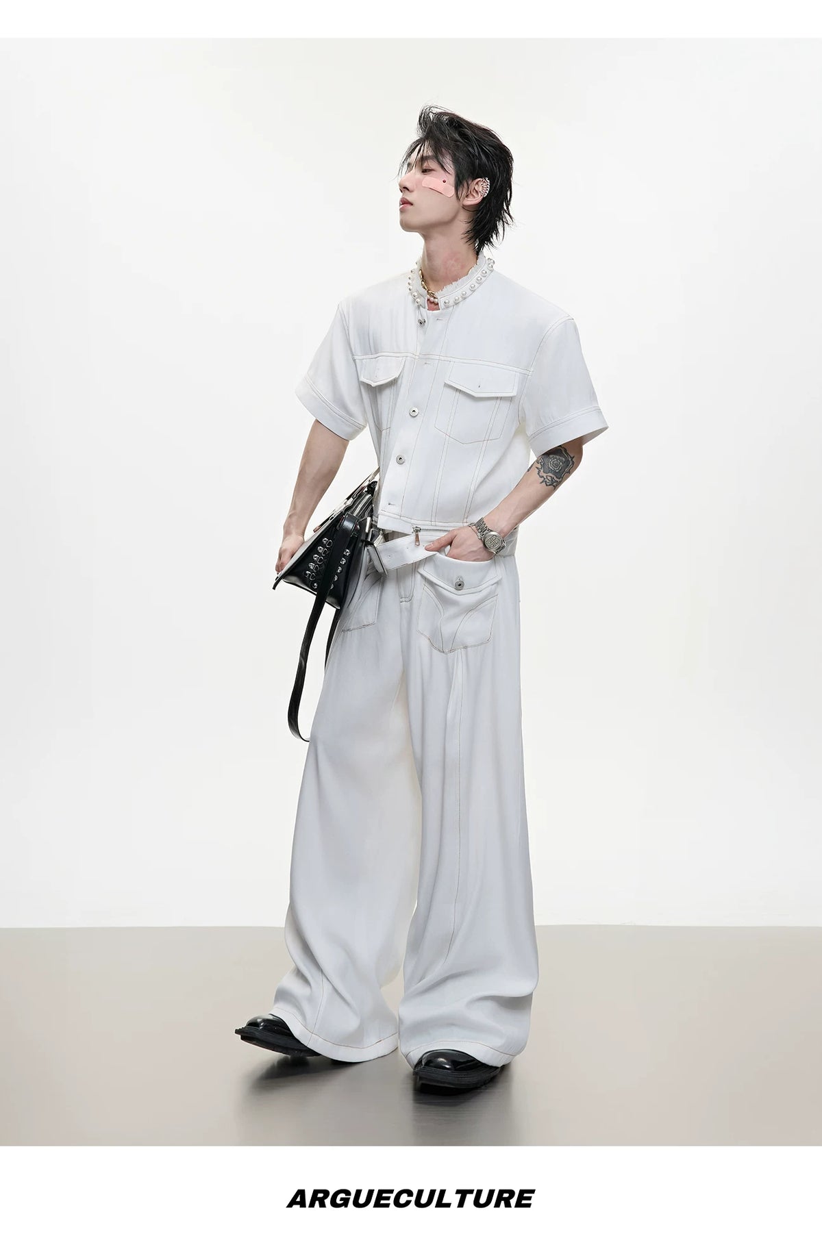 Pearl-Trimmed Distressed Denim Separates | Short Sleeve - description image 13