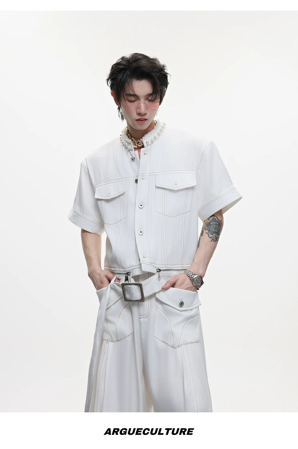 Pearl-Trimmed Distressed Denim Separates | Short Sleeve - description image 14