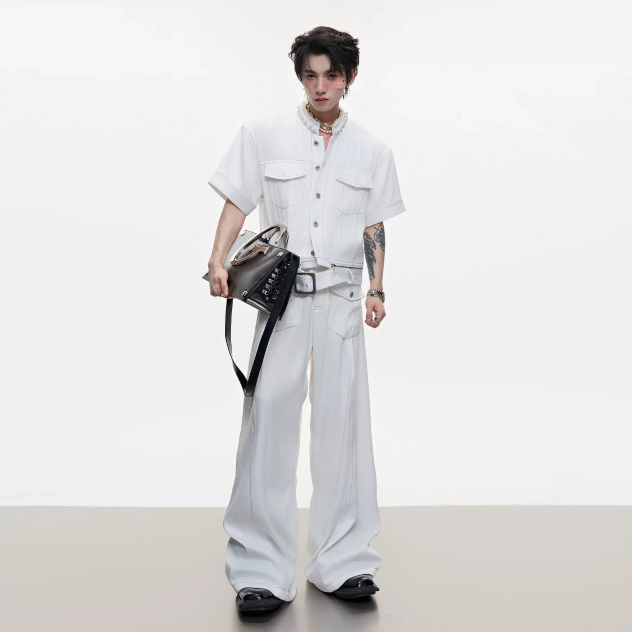Pearl-Trimmed Distressed Denim Separates | Short Sleeve - main image 2