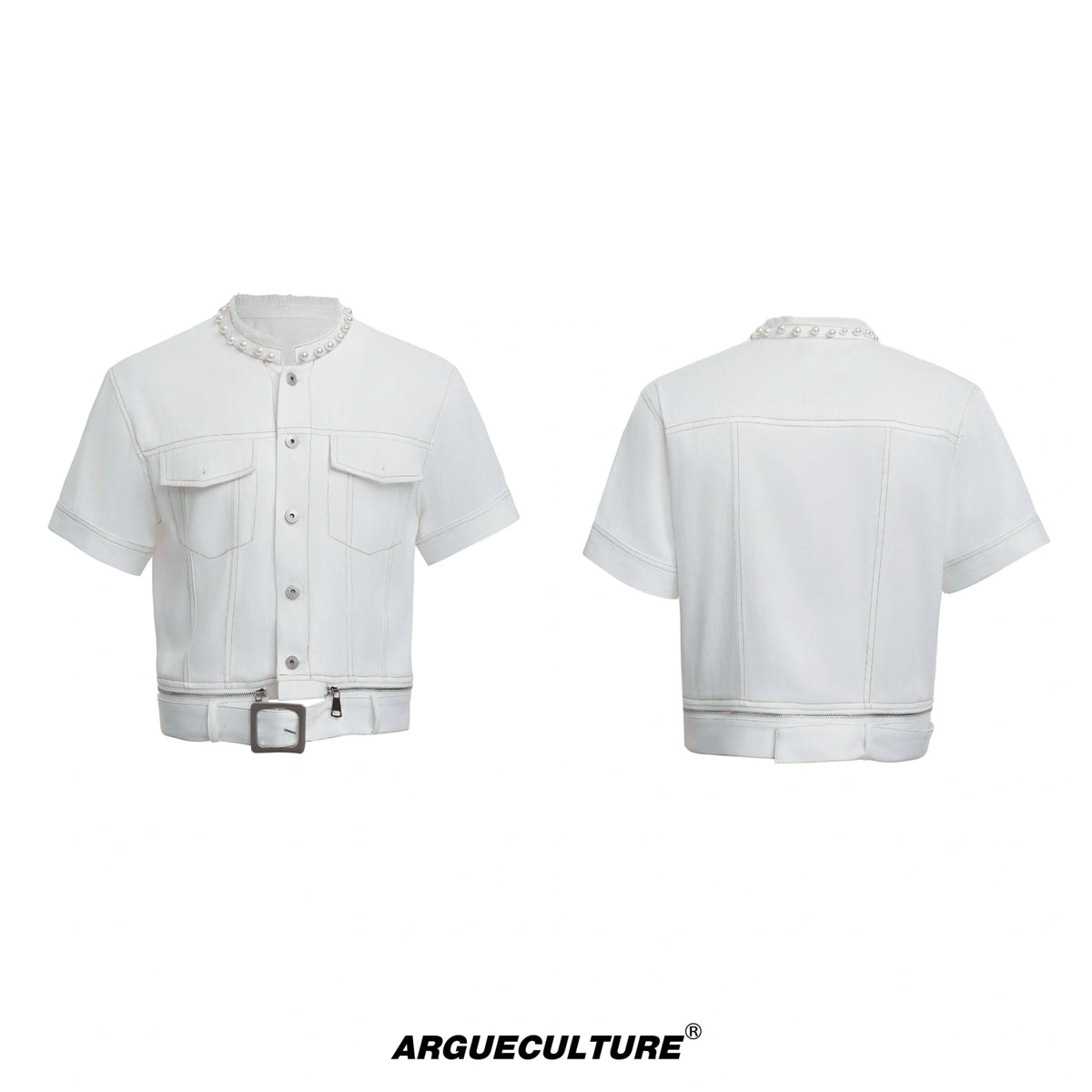 Pearl-Trimmed Distressed Denim Separates | Short Sleeve - White Jacket