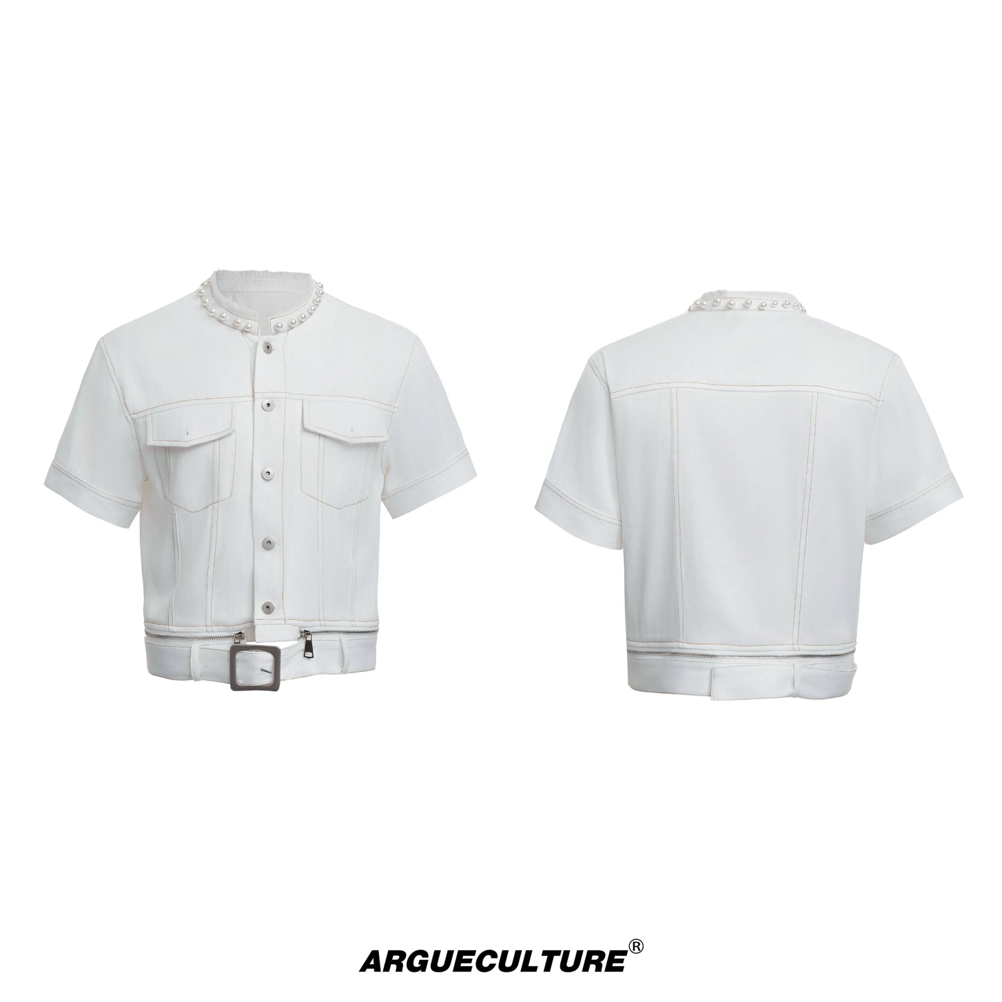 Pearl-Trimmed Distressed Denim Separates | Short Sleeve - White Jacket