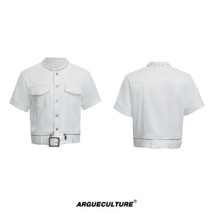 Pearl-Trimmed Distressed Denim Separates | Short Sleeve - White Jacket