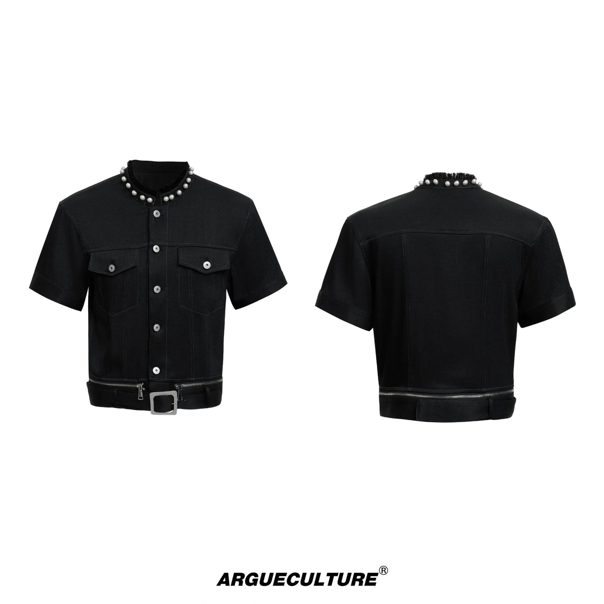 Pearl-Trimmed Distressed Denim Separates | Short Sleeve - Black Jacket