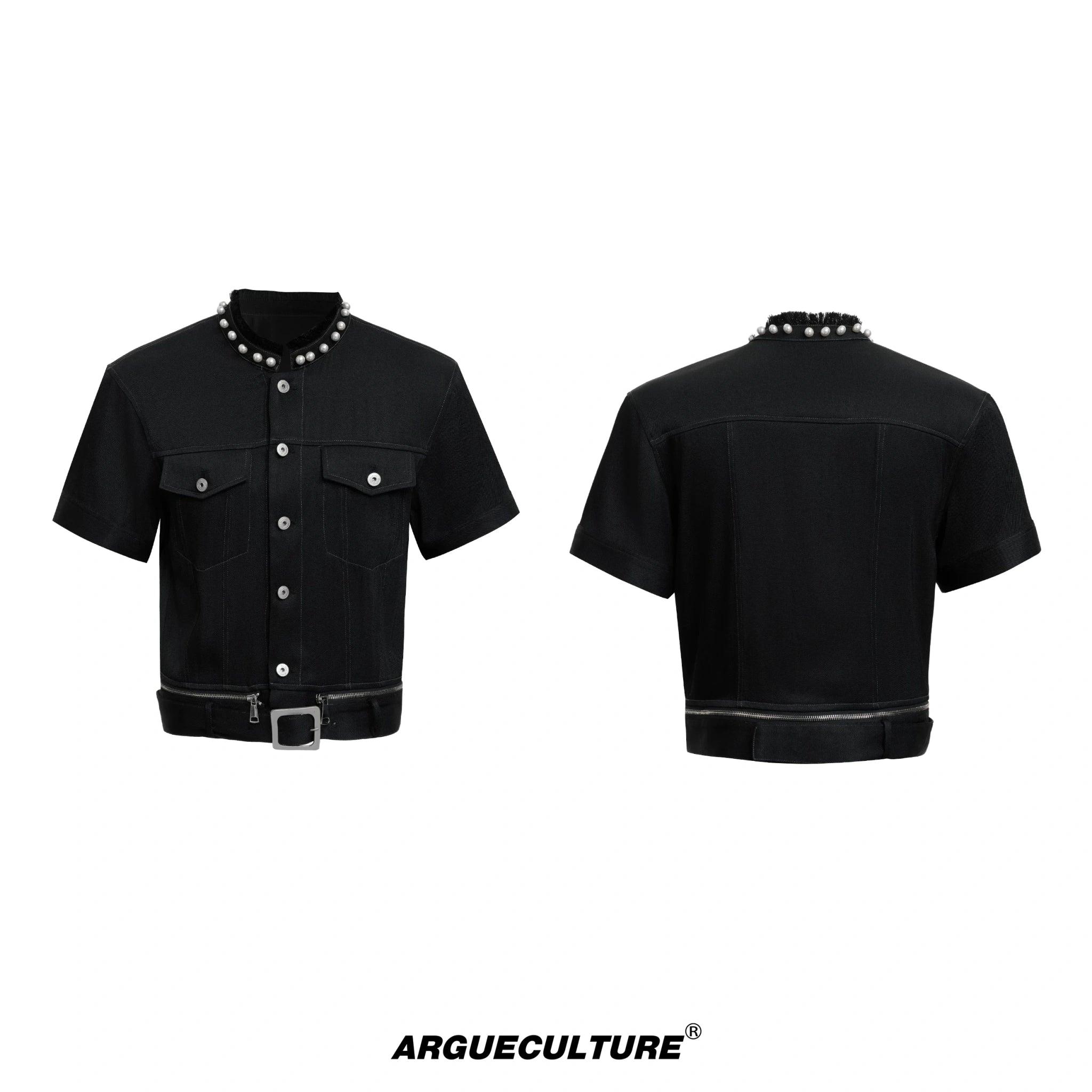 Pearl-Trimmed Distressed Denim Separates | Short Sleeve - Black Jacket