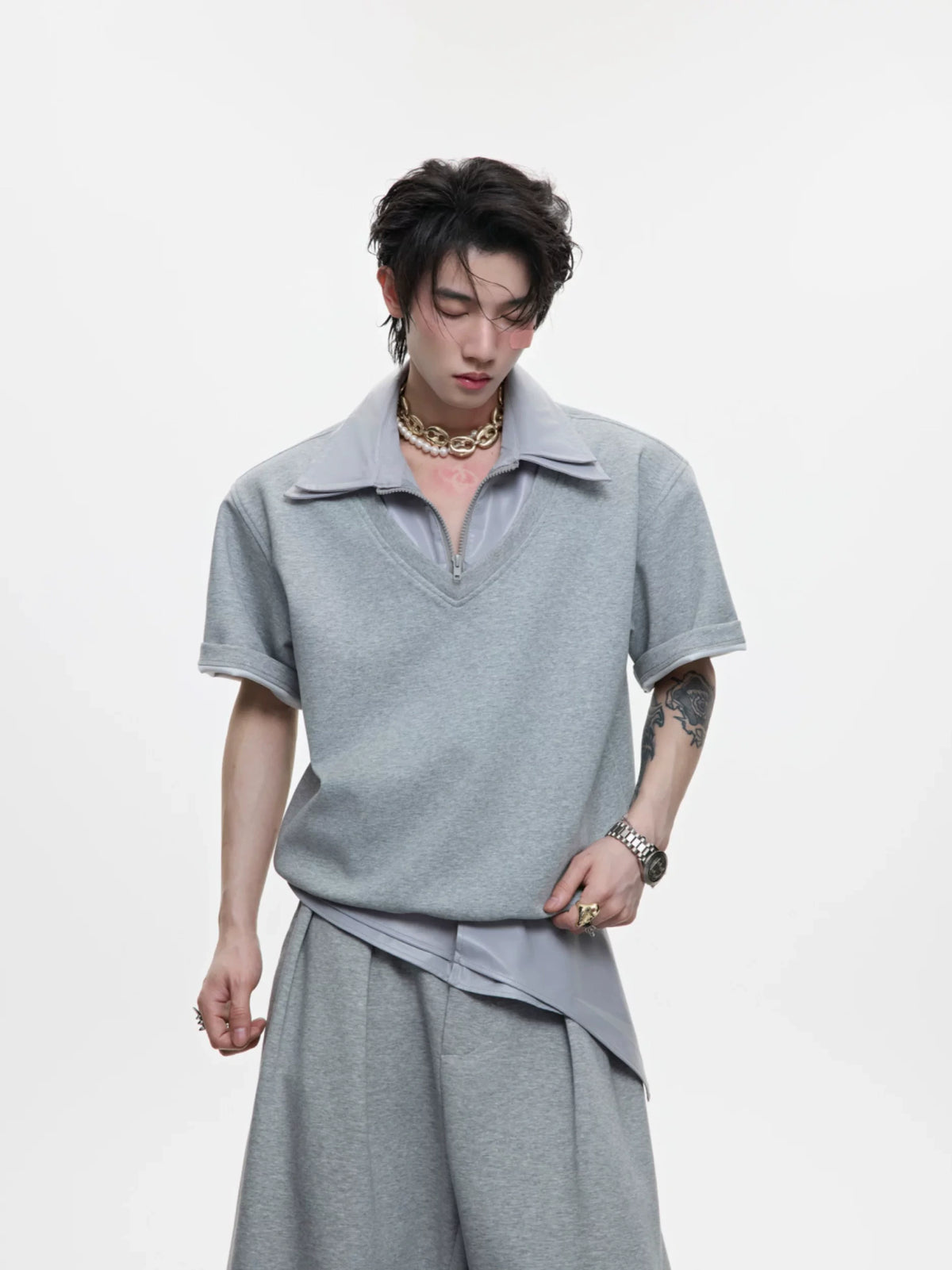 Double-Collar Short-Sleeve Set | Avant-Garde Streetwear - main image 3