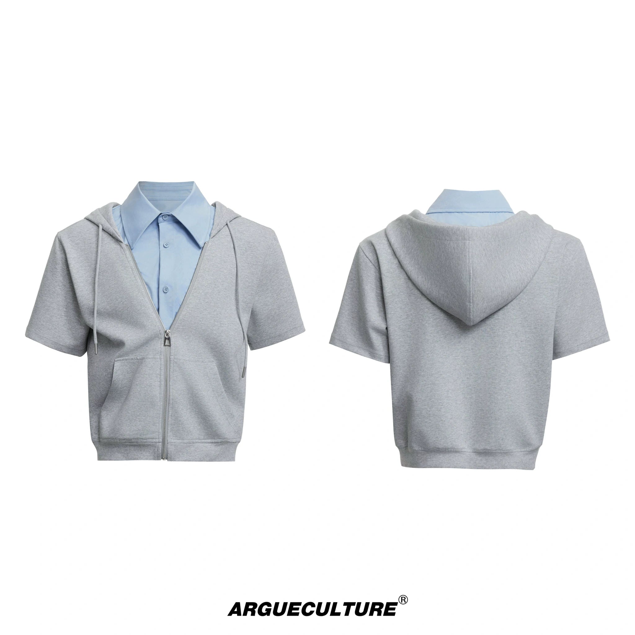 Color-Block Faux Two-Piece Hoodie Shirt Set for Men - Grey Jacket