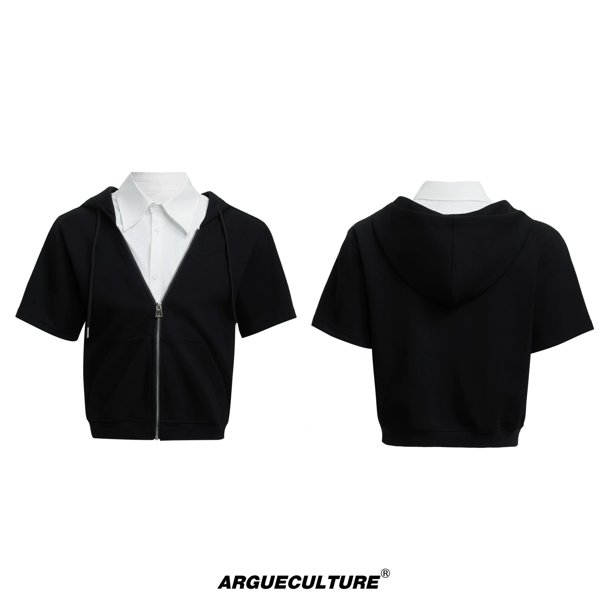 Color-Block Faux Two-Piece Hoodie Shirt Set for Men - Black Jacket