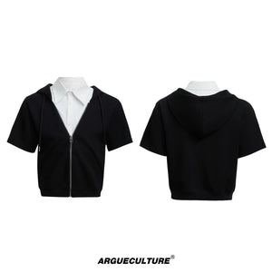 Color-Block Faux Two-Piece Hoodie Shirt Set for Men - Black Jacket