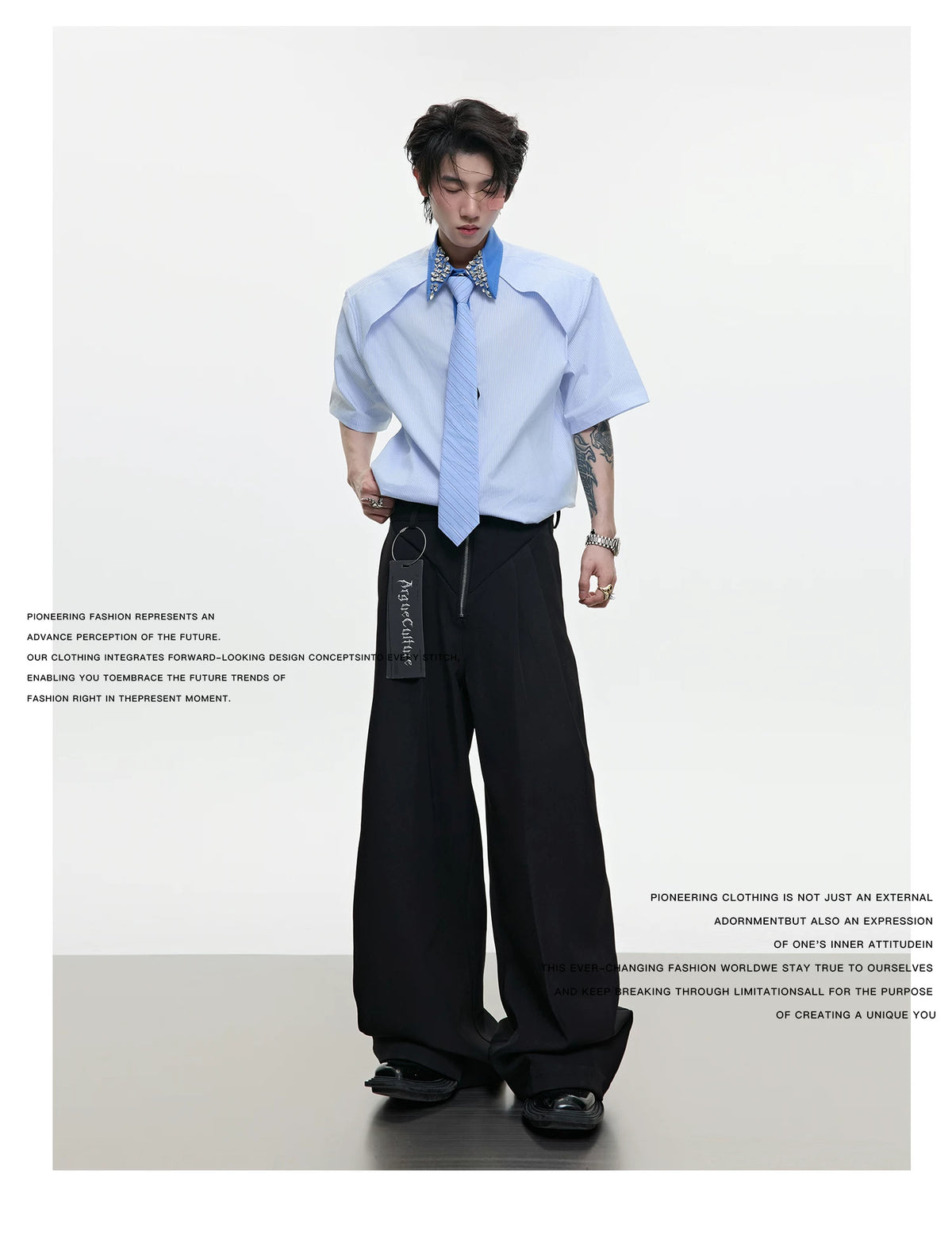 Rhinestone Collar Striped Shirt with Detachable Tie - description image 2