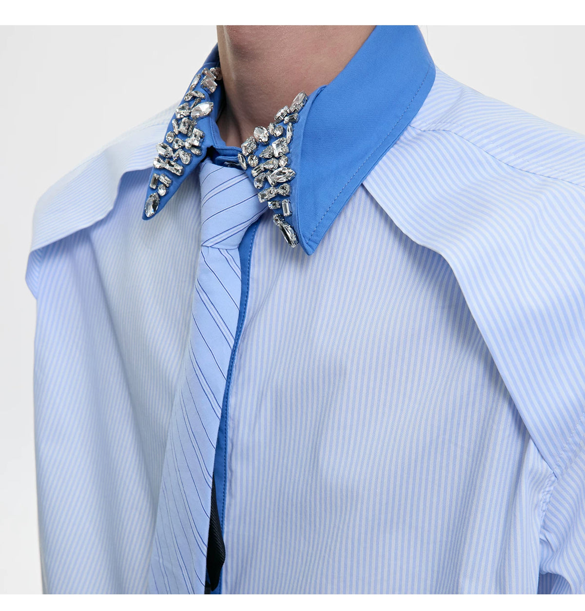 Rhinestone Collar Striped Shirt with Detachable Tie - description image 4