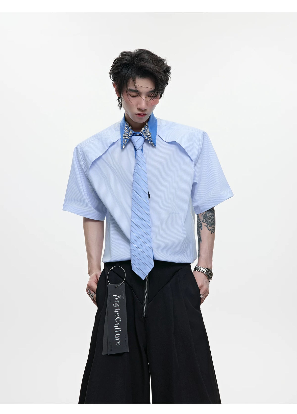 Rhinestone Collar Striped Shirt with Detachable Tie - description image 5