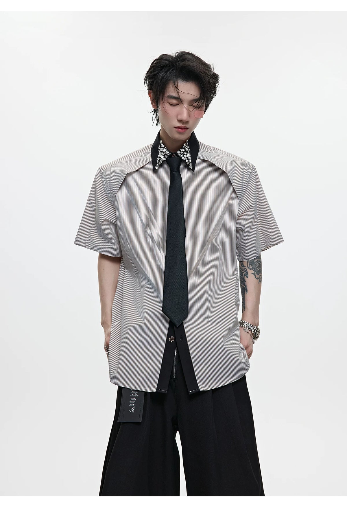 Rhinestone Collar Striped Shirt with Detachable Tie - description image 6