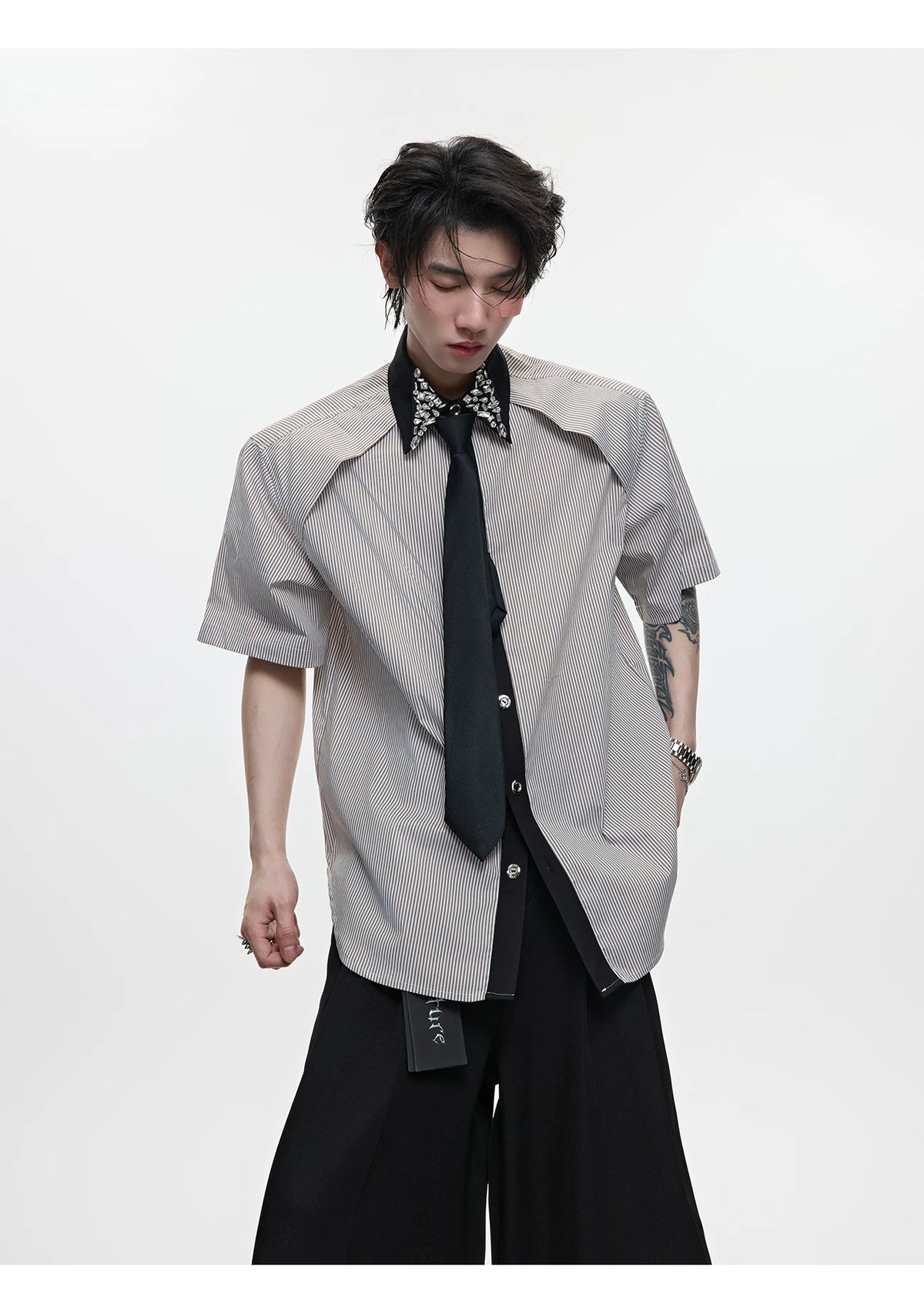 Rhinestone Collar Striped Shirt with Detachable Tie - description image 7