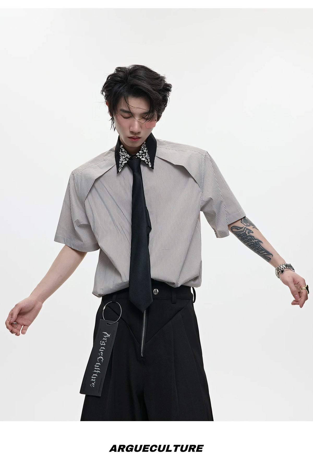 Rhinestone Collar Striped Shirt with Detachable Tie - description image 8