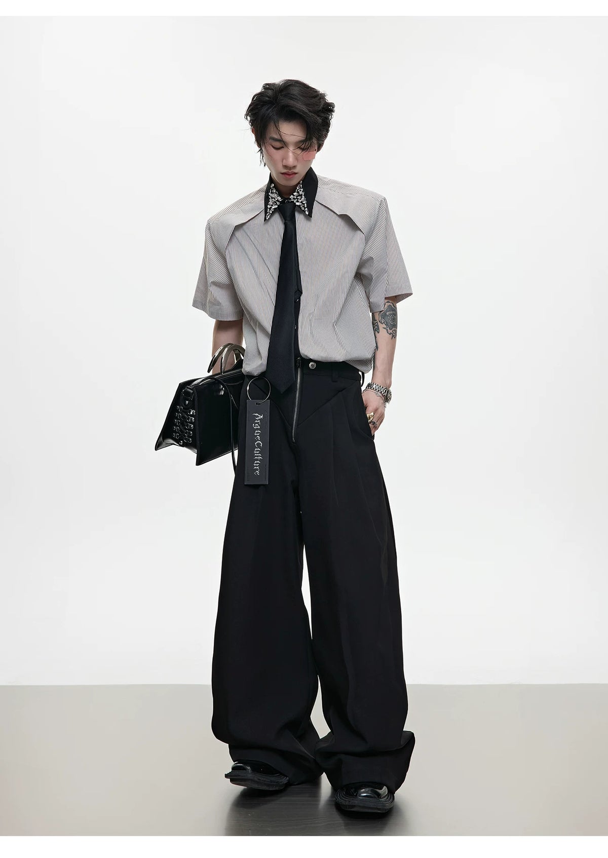 Rhinestone Collar Striped Shirt with Detachable Tie - description image 9