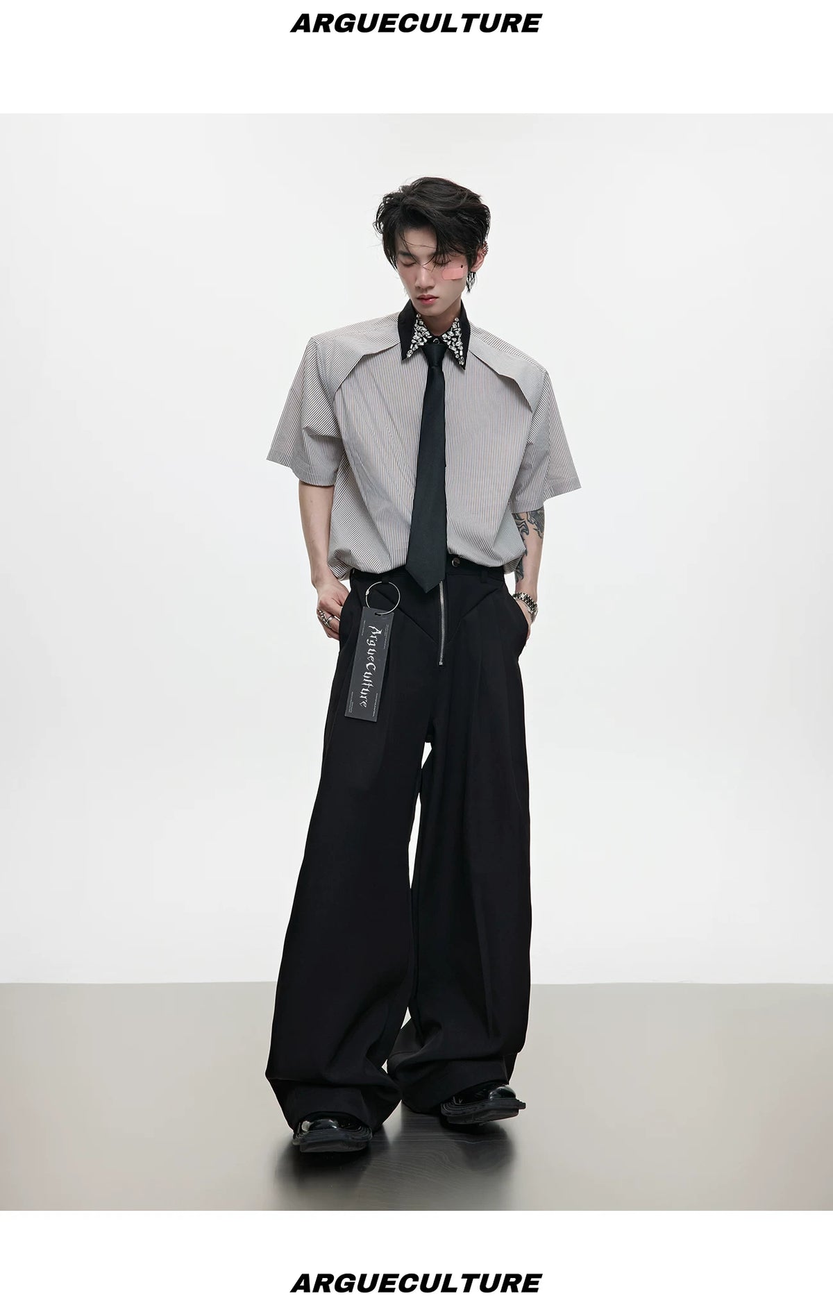 Rhinestone Collar Striped Shirt with Detachable Tie - description image 10