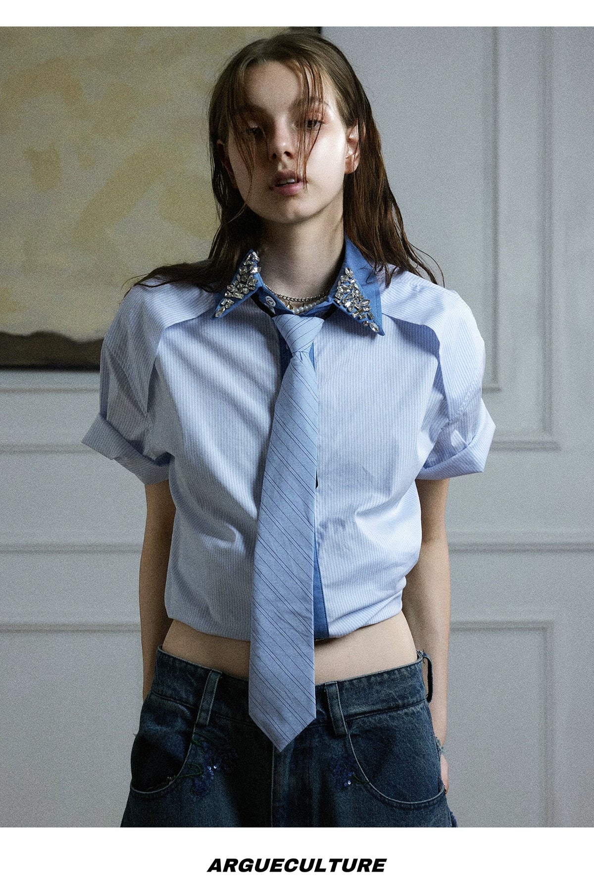 Rhinestone Collar Striped Shirt with Detachable Tie - description image 11