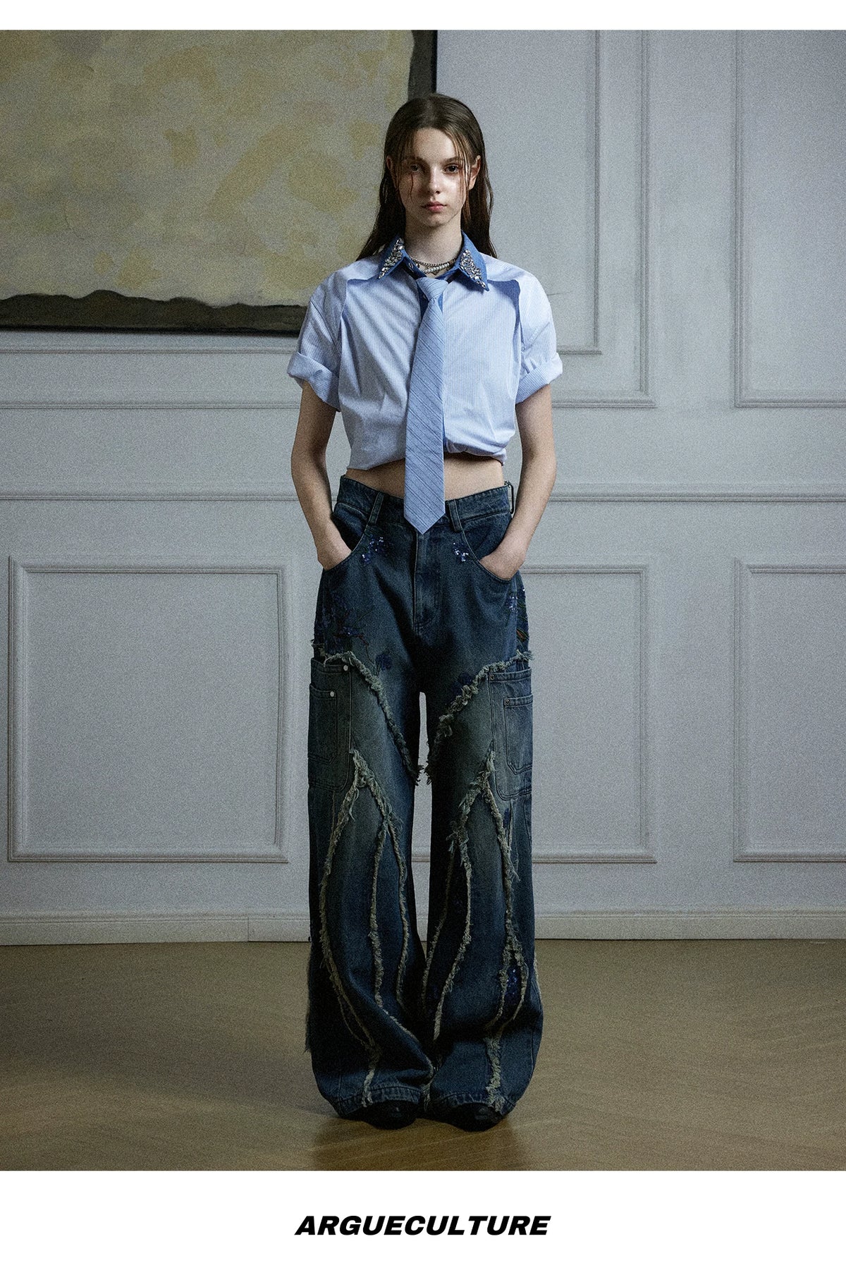 Rhinestone Collar Striped Shirt with Detachable Tie - description image 13