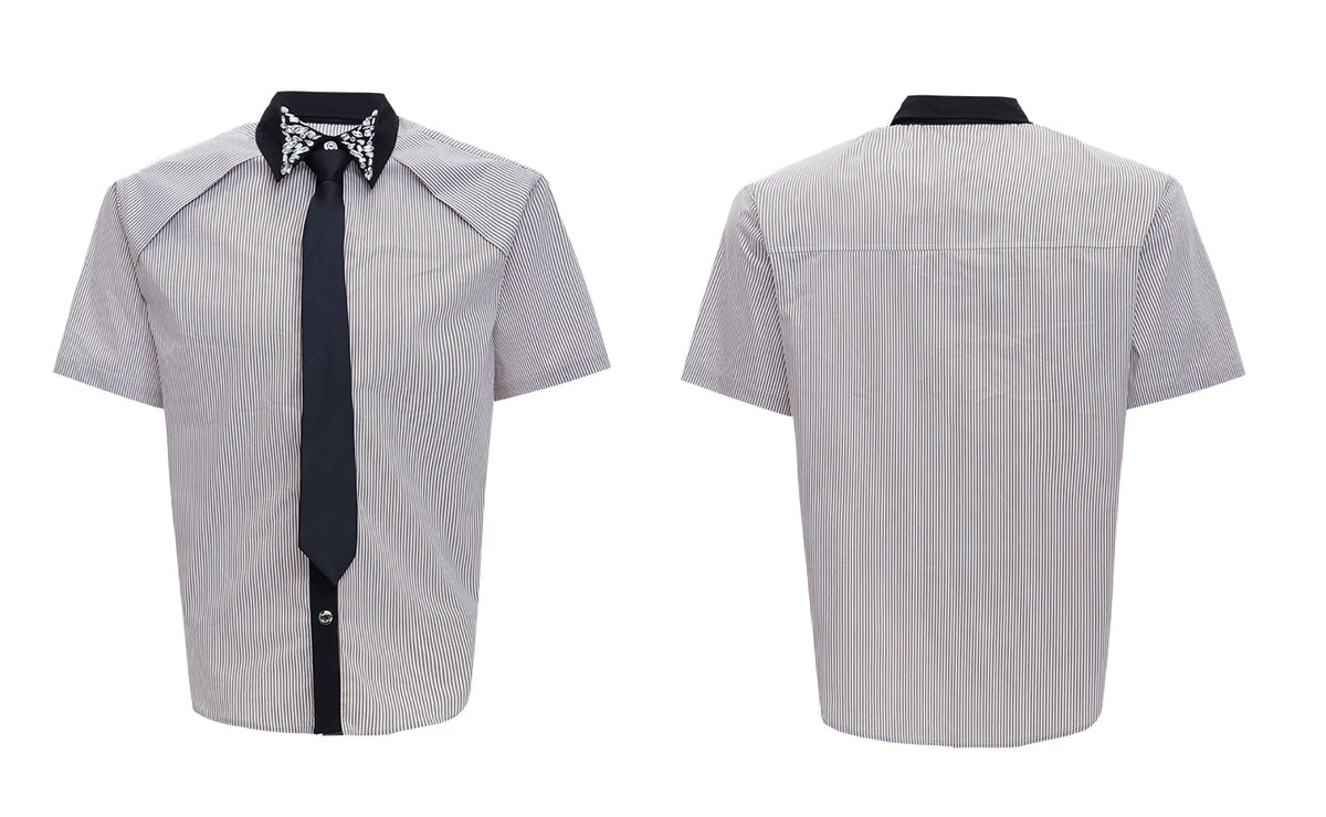 Rhinestone Collar Striped Shirt with Detachable Tie - description image 16
