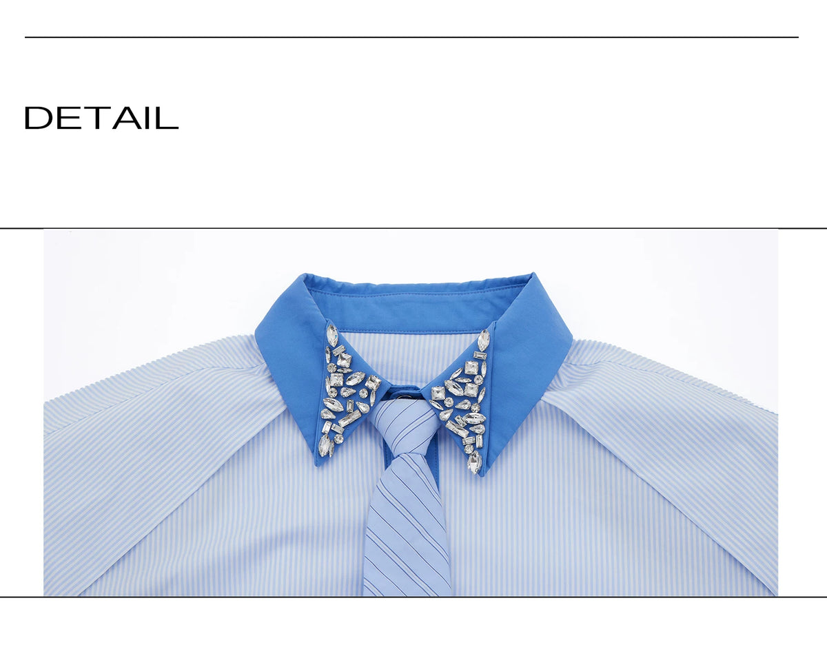 Rhinestone Collar Striped Shirt with Detachable Tie - description image 17