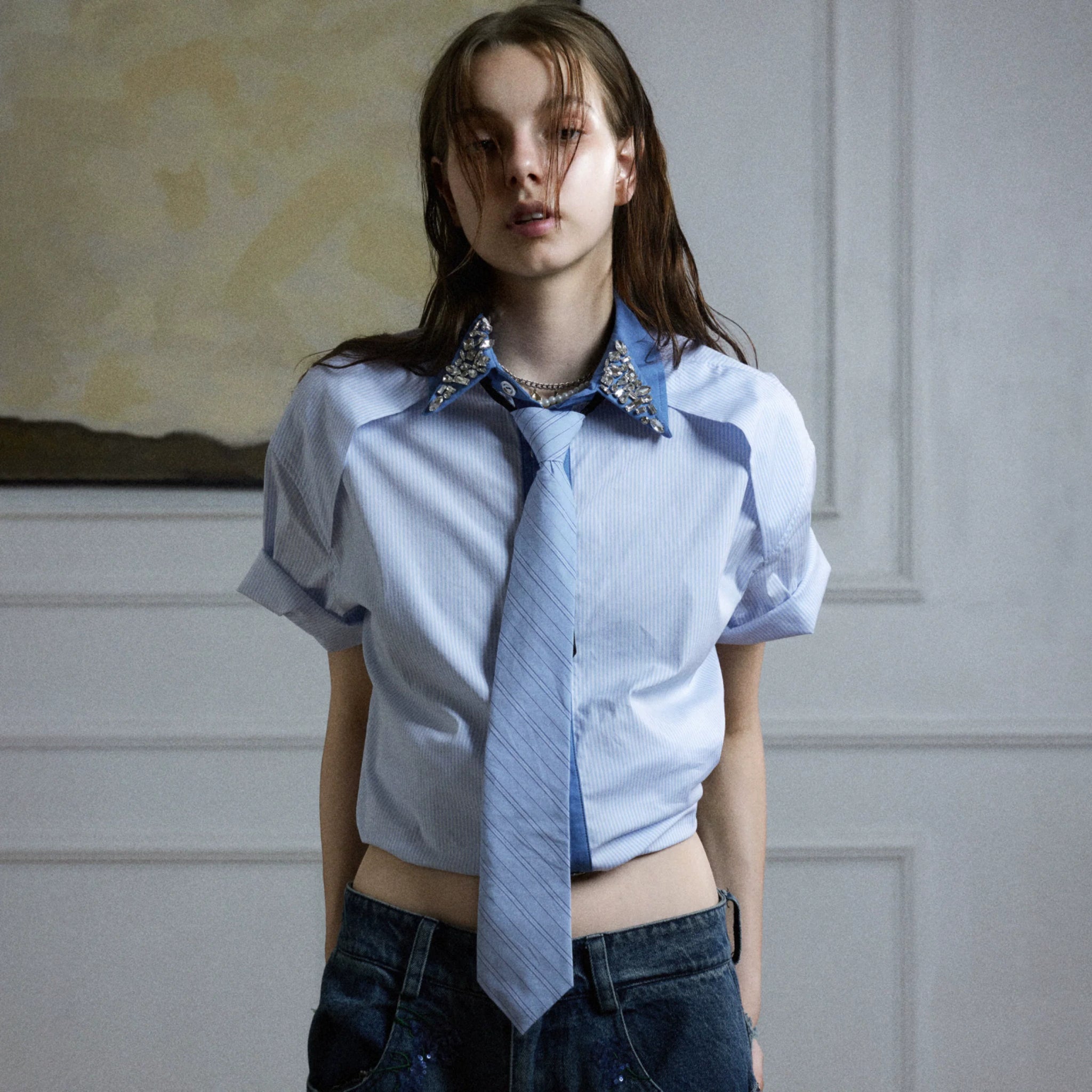Rhinestone Collar Striped Shirt with Detachable Tie - main image 2
