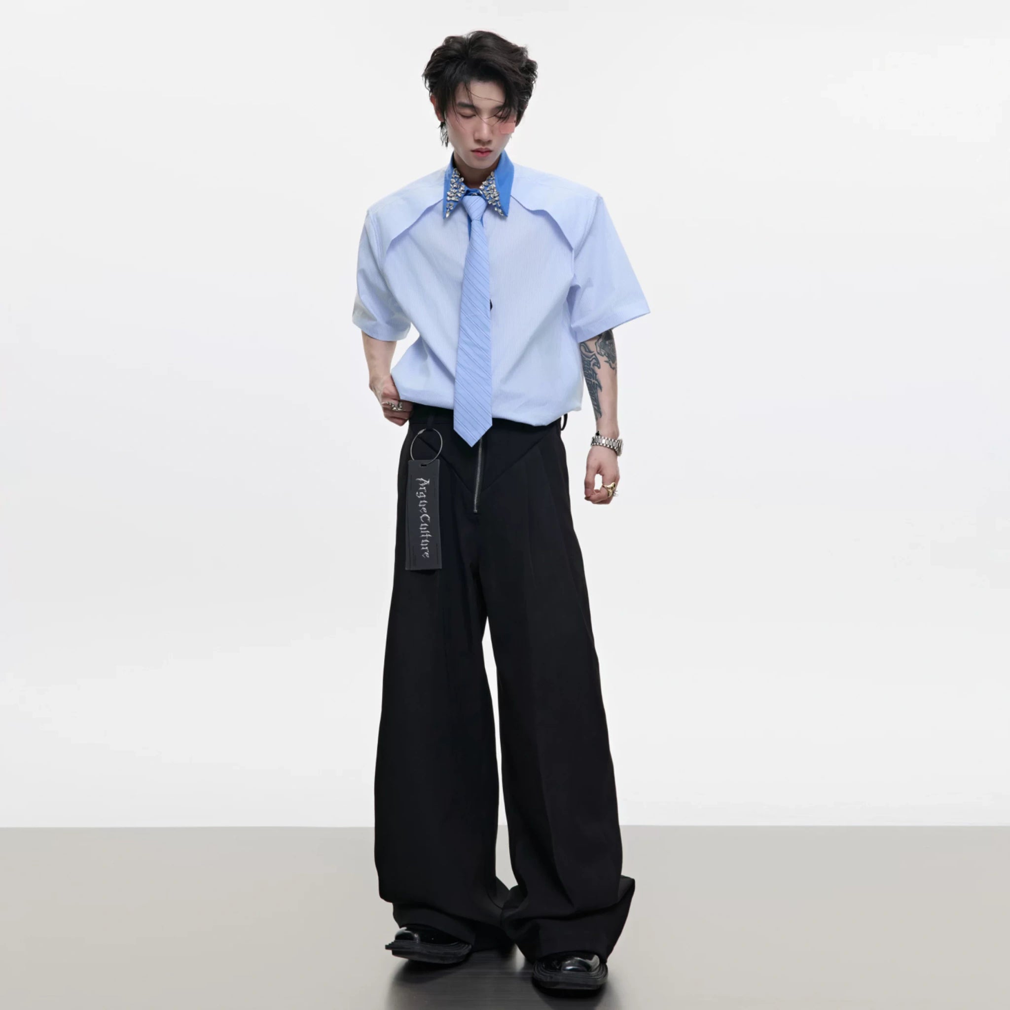 Rhinestone Collar Striped Shirt with Detachable Tie - main image 3