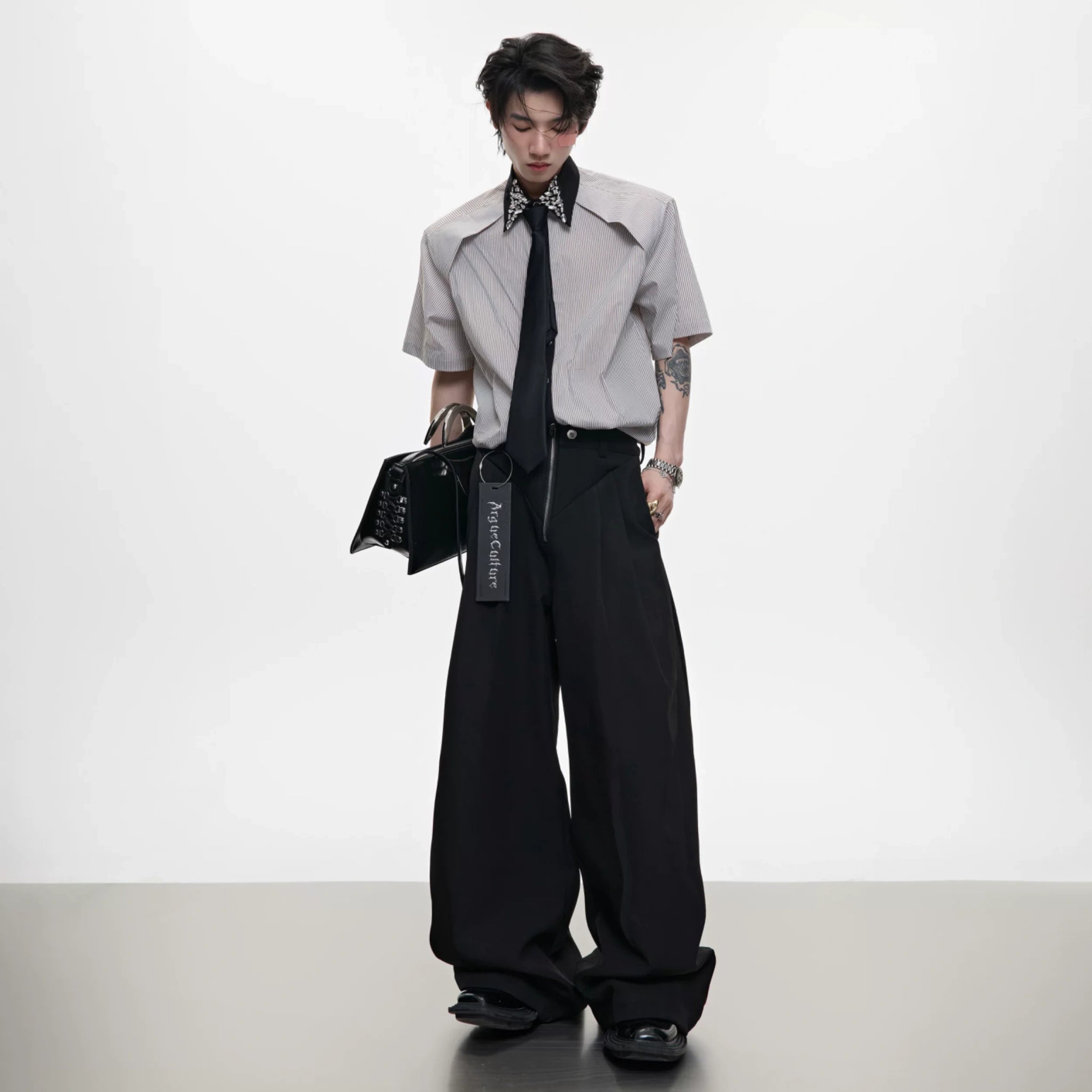 Rhinestone Collar Striped Shirt with Detachable Tie - main image 4