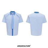 Rhinestone Collar Striped Shirt with Detachable Tie - Blue Shirt