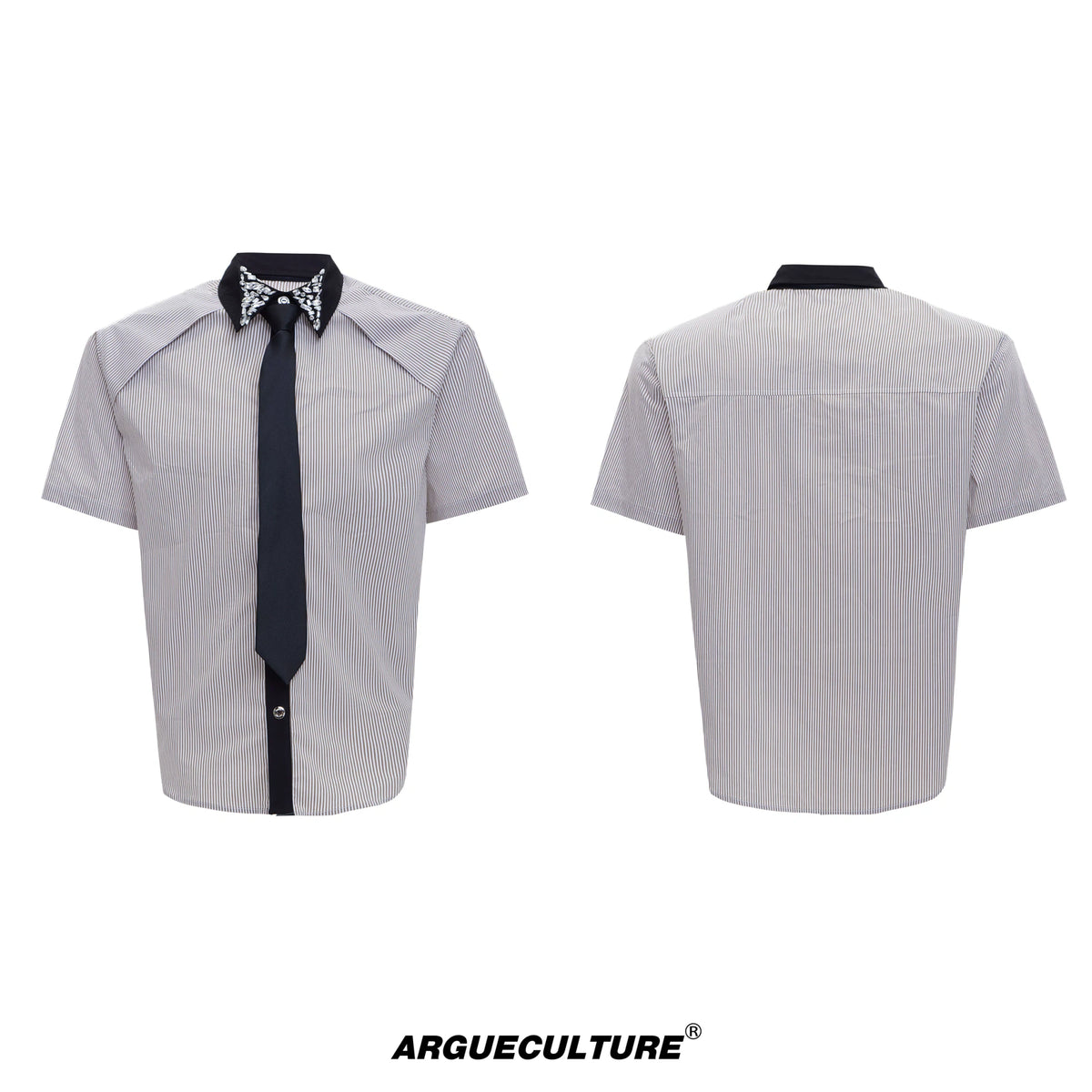 Rhinestone Collar Striped Shirt with Detachable Tie - Khaki Shirt