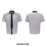 Rhinestone Collar Striped Shirt with Detachable Tie - Khaki Shirt