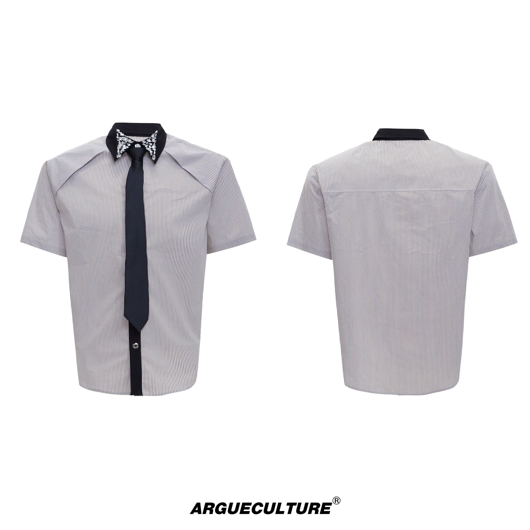 Rhinestone Collar Striped Shirt with Detachable Tie - Khaki Shirt