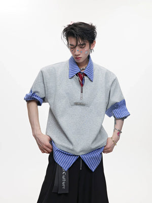 Striped Faux-Layered Oversized Shirt | Short Sleeve - main image 1