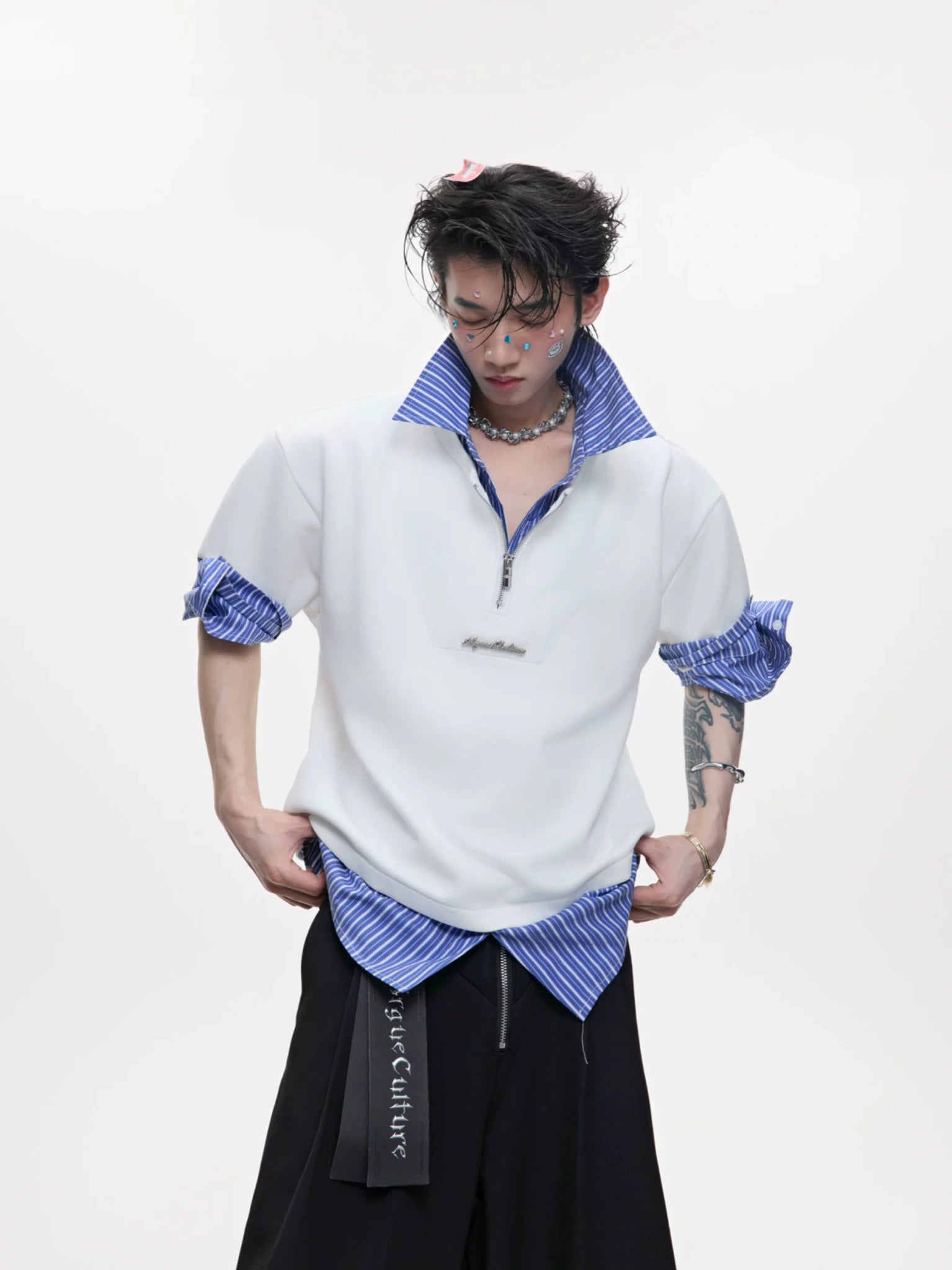 Striped Faux-Layered Oversized Shirt | Short Sleeve - main image 2