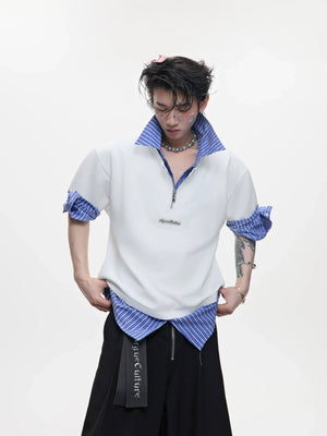 Striped Faux-Layered Oversized Shirt | Short Sleeve - main image 2