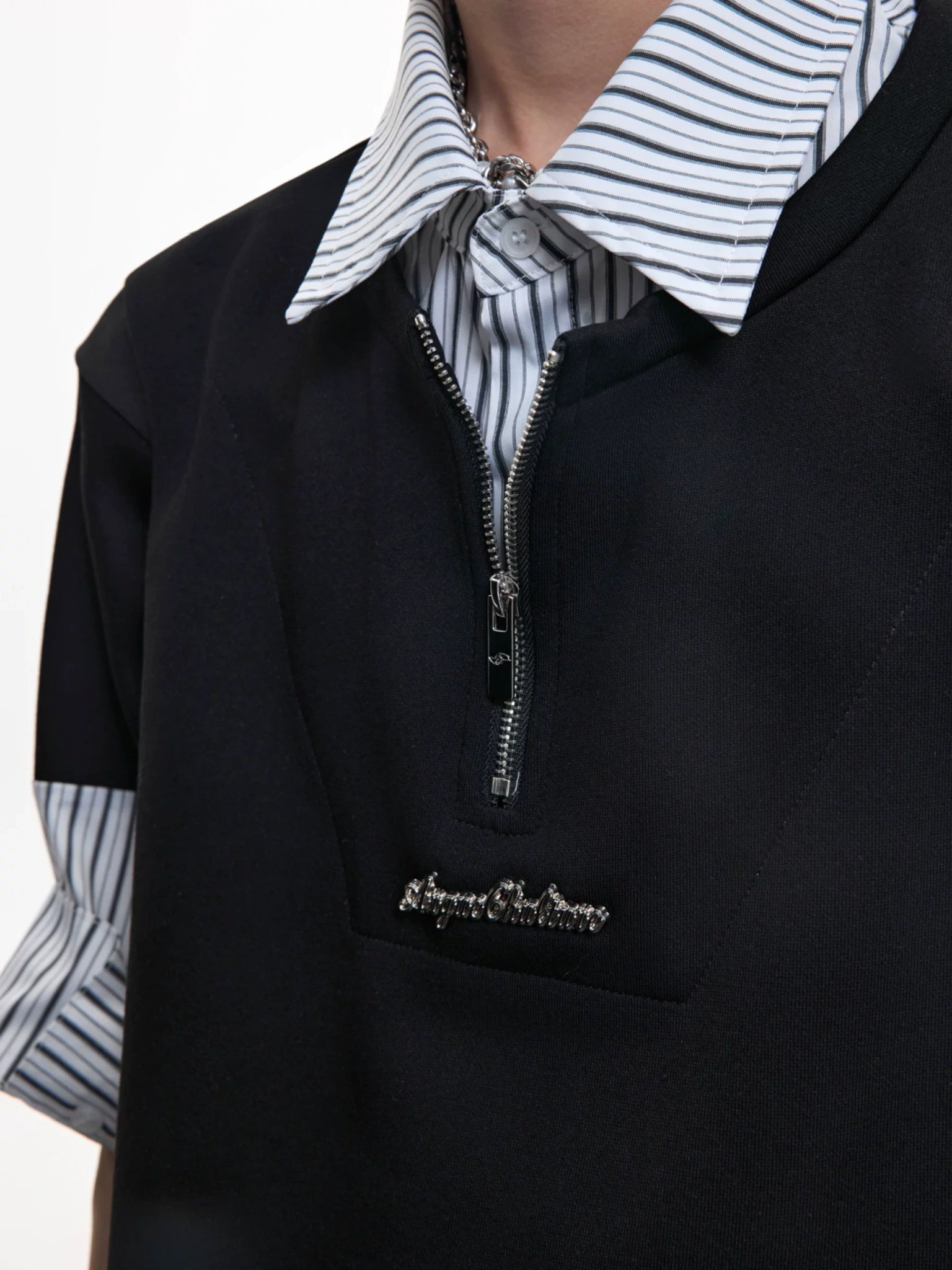 Striped Faux-Layered Oversized Shirt | Short Sleeve - main image 3