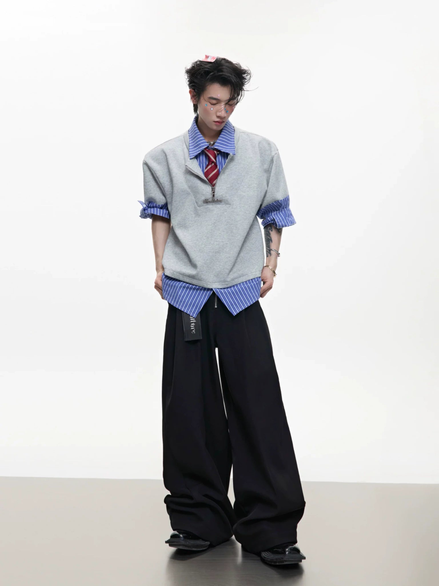 Striped Faux-Layered Oversized Shirt | Short Sleeve - main image 4