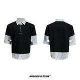 Striped Faux-Layered Oversized Shirt | Short Sleeve - Black