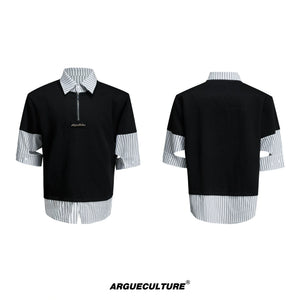 Striped Faux-Layered Oversized Shirt | Short Sleeve - Black