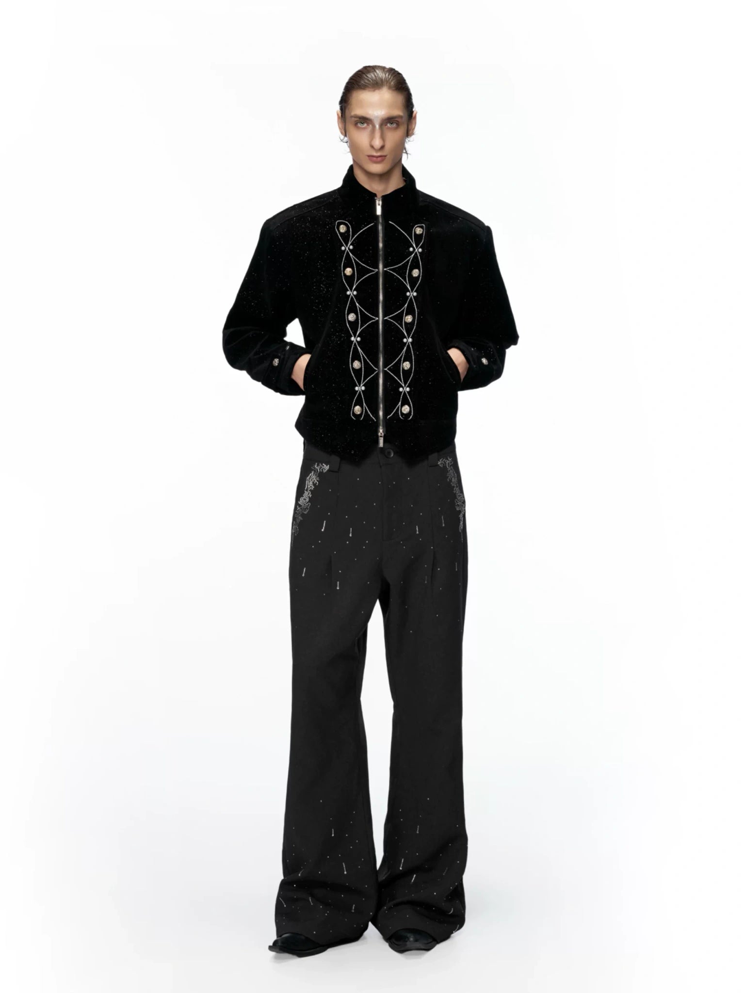 Rhinestone Straight-Flare Trousers | Unisex Streetwear - main image 4