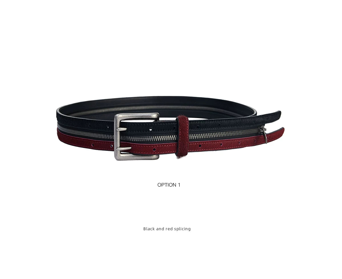 Black Red Horsehair Leather Belt | Double Metal Fastening - description image 1