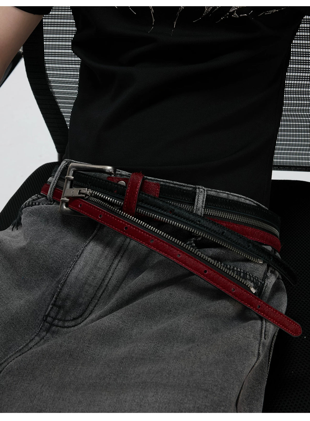 Black Red Horsehair Leather Belt | Double Metal Fastening - description image 2
