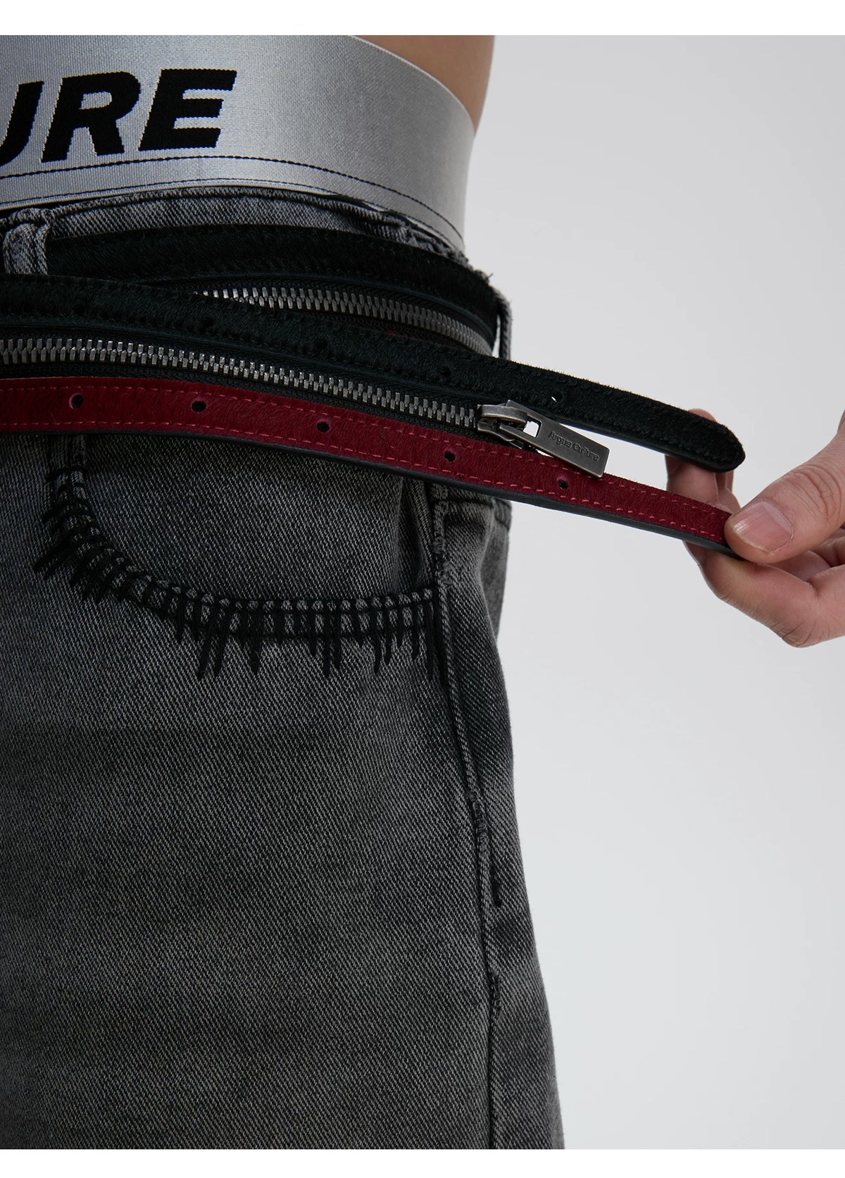 Black Red Horsehair Leather Belt | Double Metal Fastening - description image 3