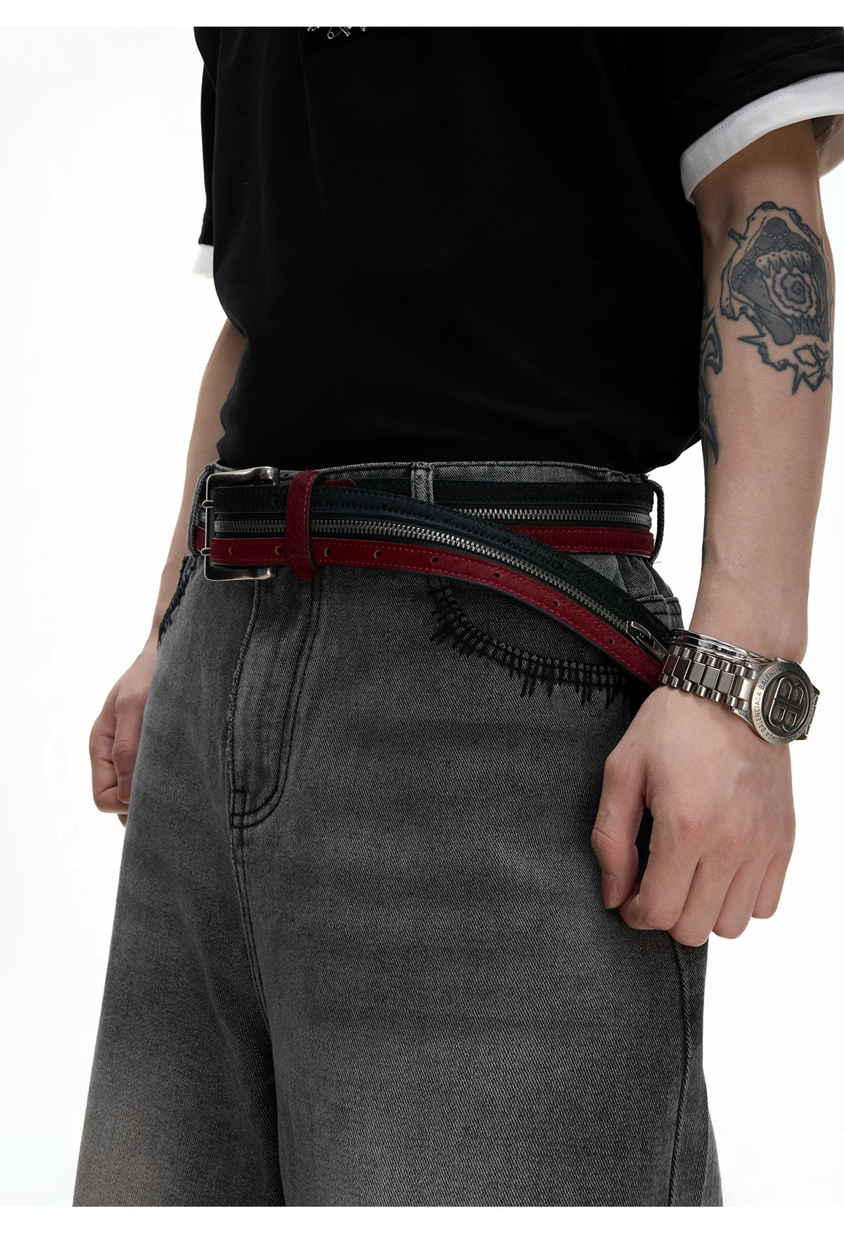 Black Red Horsehair Leather Belt | Double Metal Fastening - description image 4