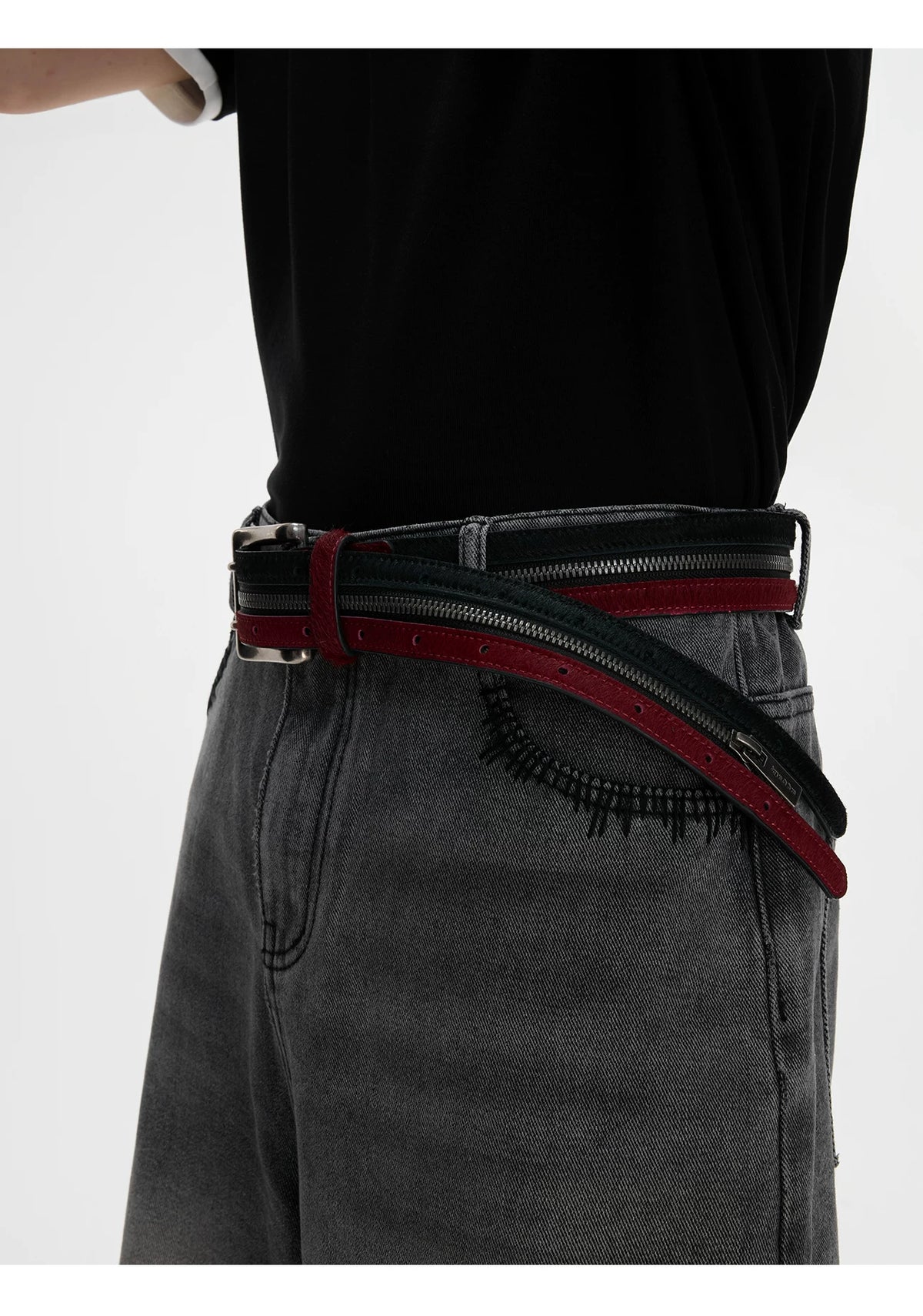 Black Red Horsehair Leather Belt | Double Metal Fastening - description image 5