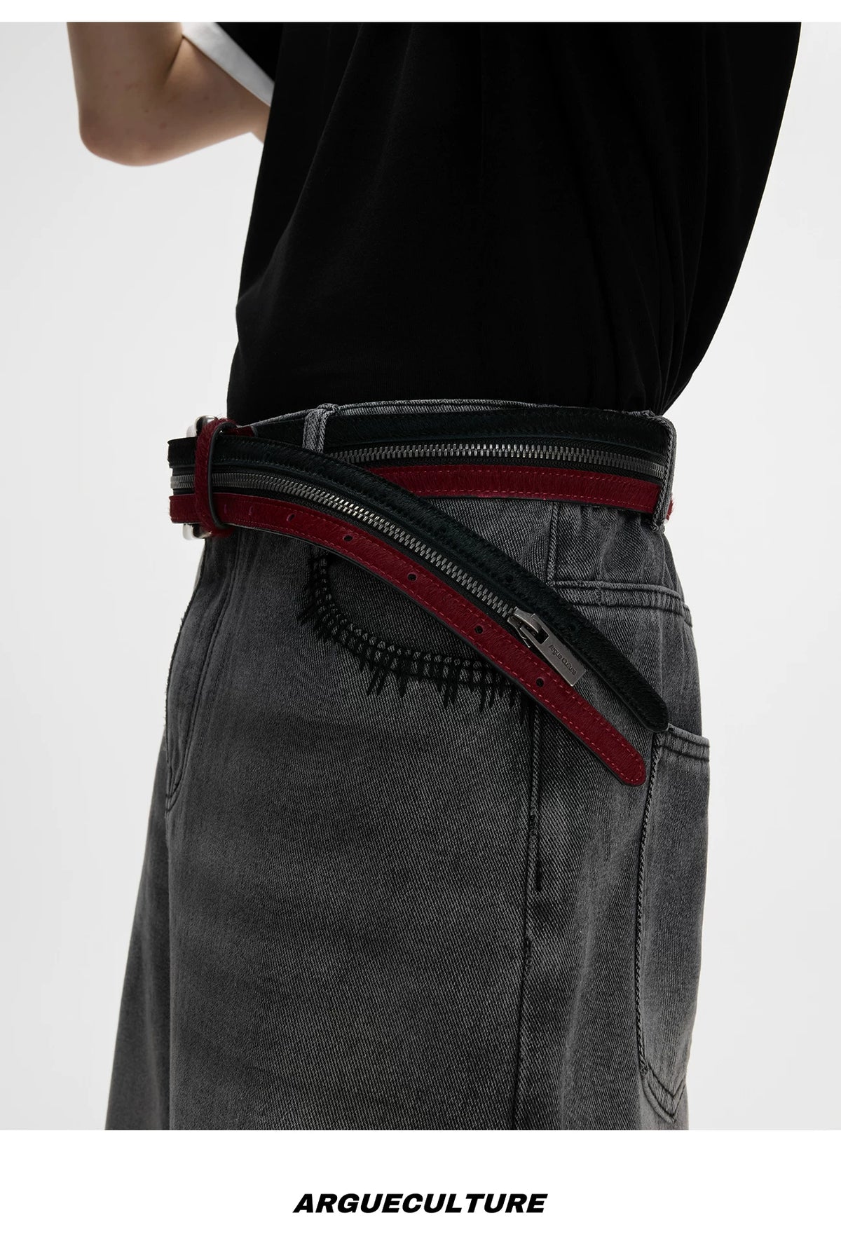 Black Red Horsehair Leather Belt | Double Metal Fastening - description image 6